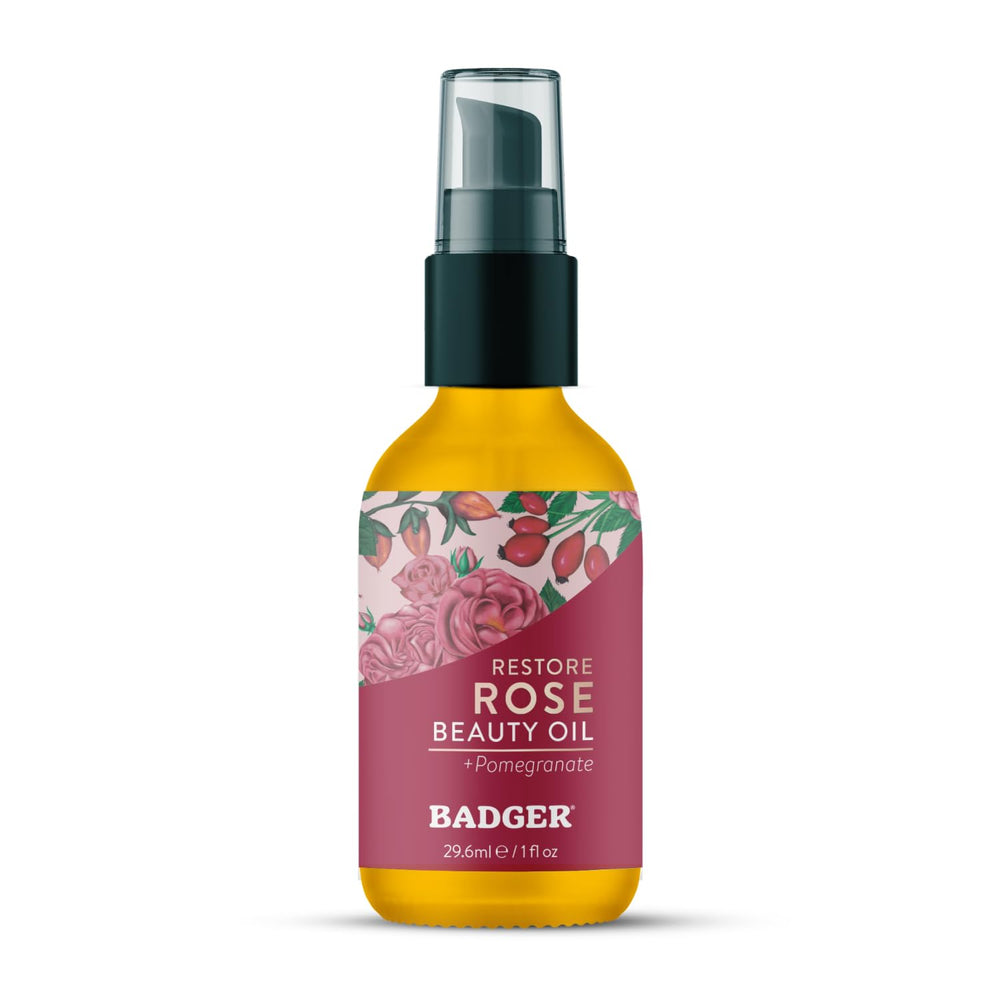 Badger Rose Face Oil en botella de vidrio, hidratación suave para piel normal a seca