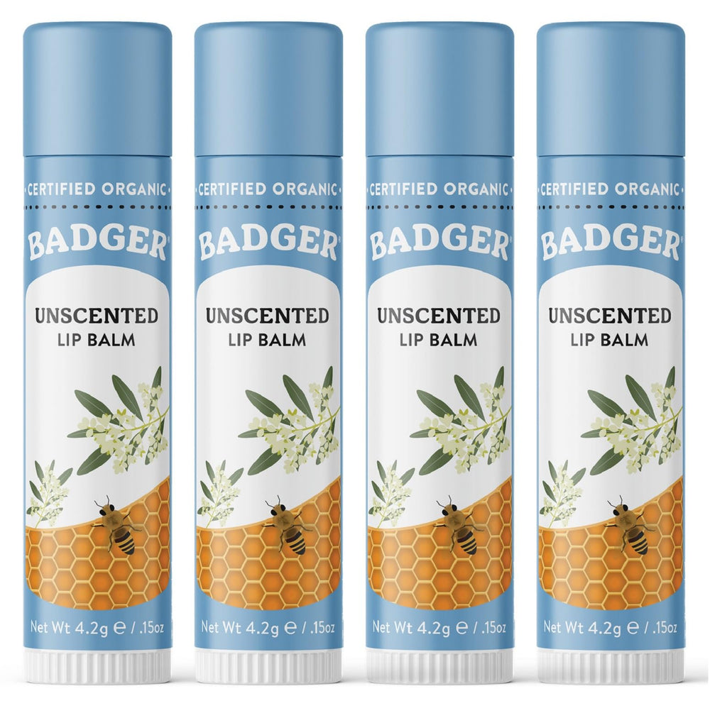 Badger Unscented Classic Lip Balm four-pack packaging for consistent moisture