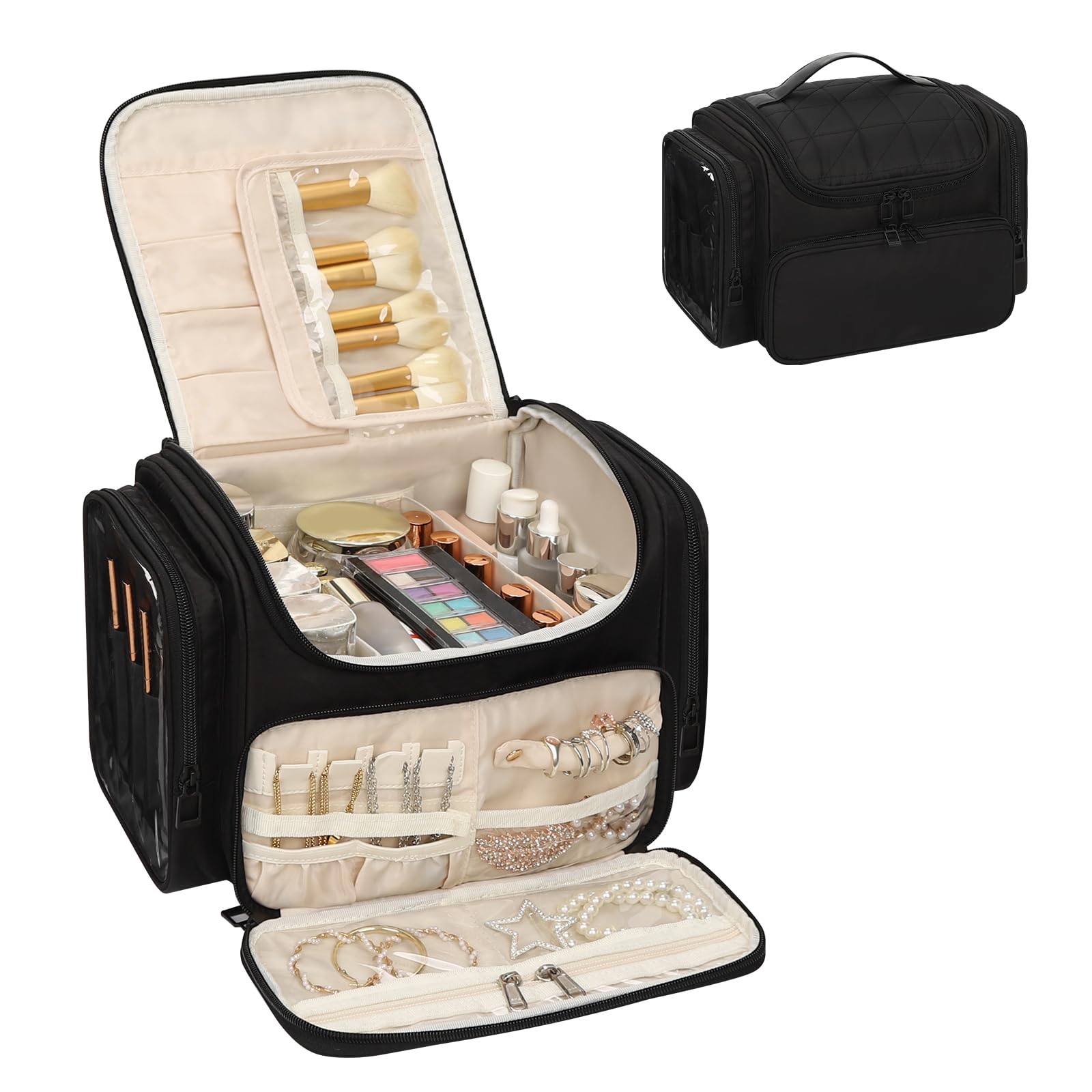 Bagmoly bolsa maquillaje grande con joyas: compartimento frontal para anillos y pendientes.