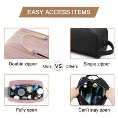 BAGSMART neceser rosa con materiales duraderos de canvas y asa de cuero para mayor durabilidad.