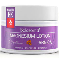 Balasoma loción nocturna de magnesio con arnica, envase elegante para dormir.
