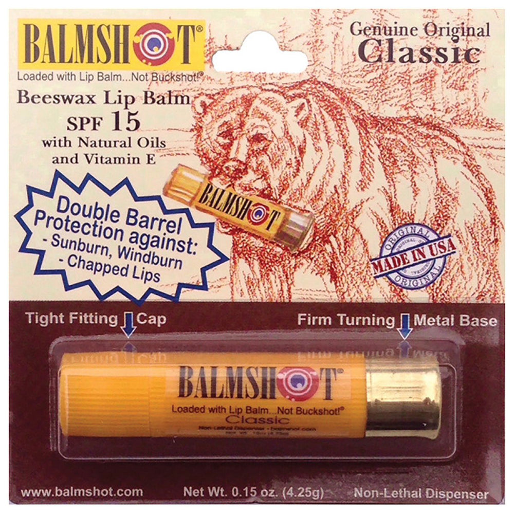 Balmshot balsamo labial en envase tipo escopeta para hidratación diaria y SPF 15.