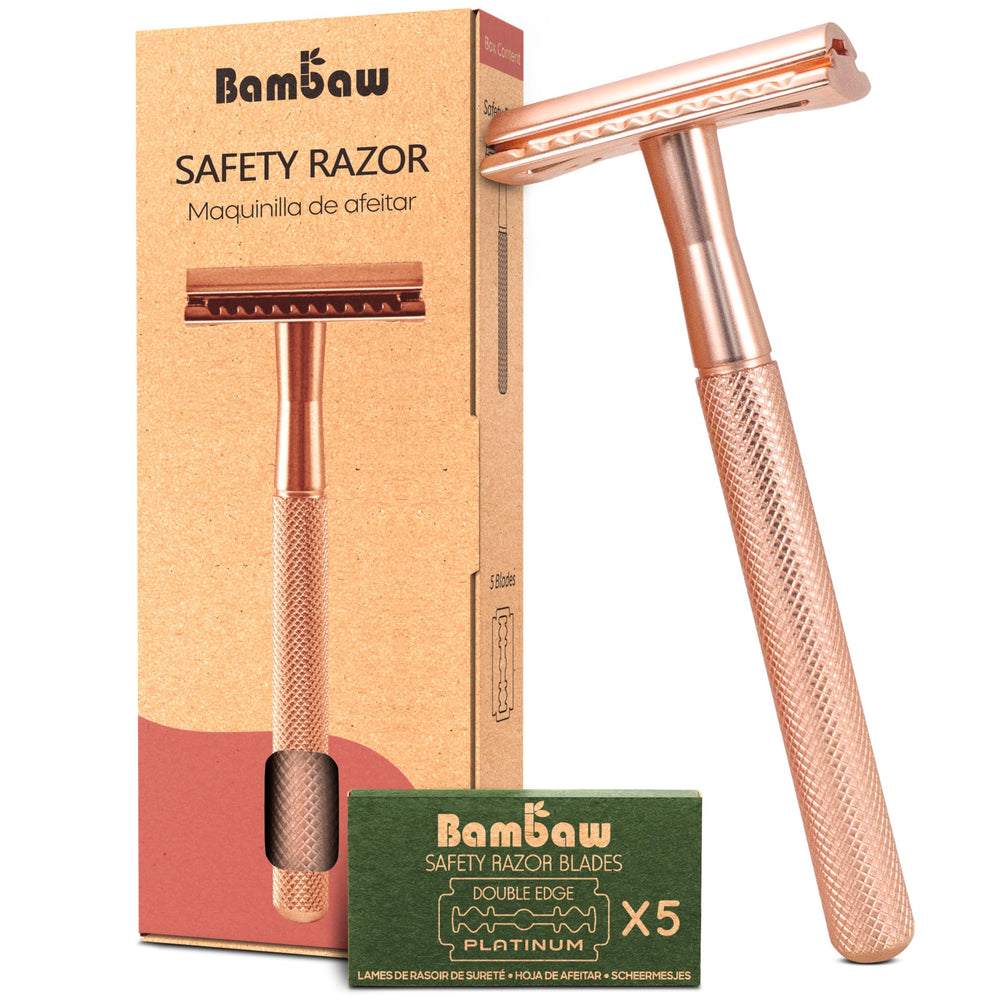 Bambaw Afeitadora de seguridad para mujeres con 5 hojas, rosa-oro, afeitado cercano.