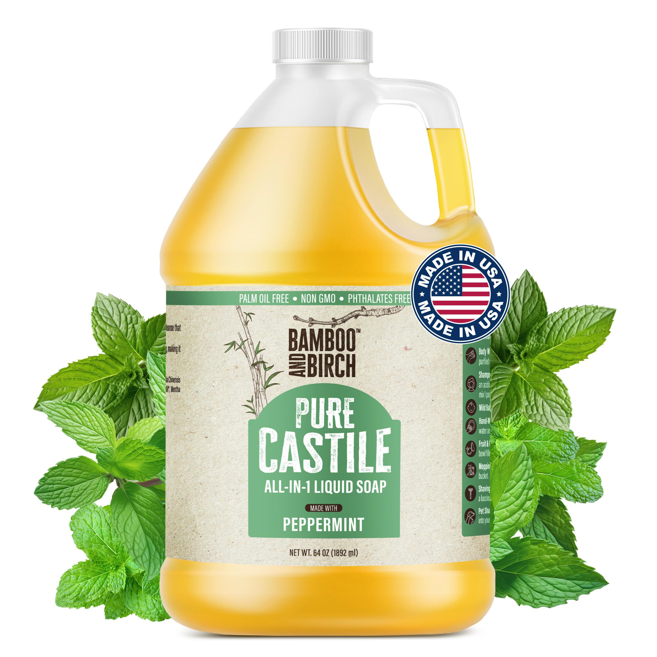 BAMBOO AND BIRCH savon-liquide Castille menthe dans flacon, nettoyage doux.