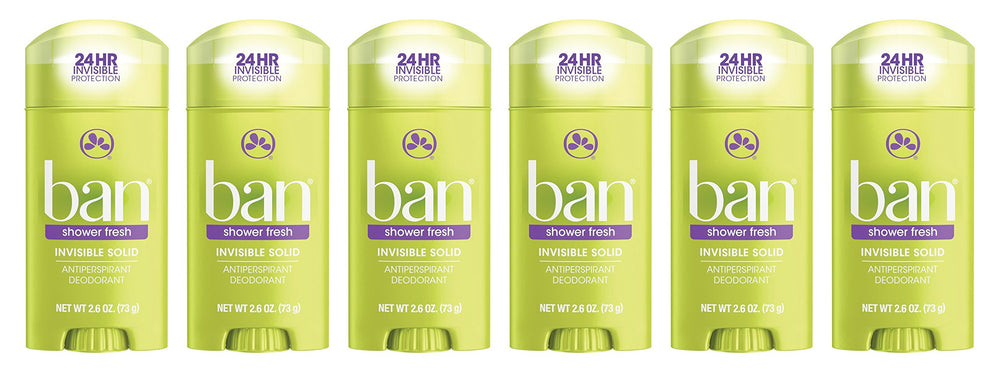Ban antitranspirante invisible sólido con aroma ducha fresca; botella visible y sensación de frescura.