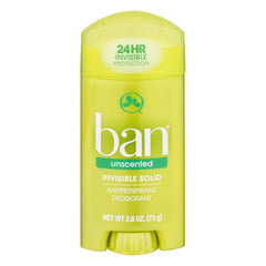 Ban desodorante invisible sólido sin fragancia, vista frontal de la caja para uso diario.