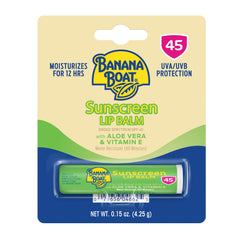 Banana Boat bálsamo labial FPS45 con aloe, cuidado diario para labios sensibles.