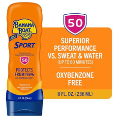 Banana Boat Sport SPF50, mayor resistencia al sudor y al agua para actividades al aire libre.