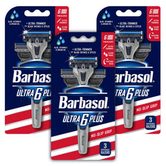 Barbasol Ultra 6 Plus hojas de flujo abierto para limpieza fácil.