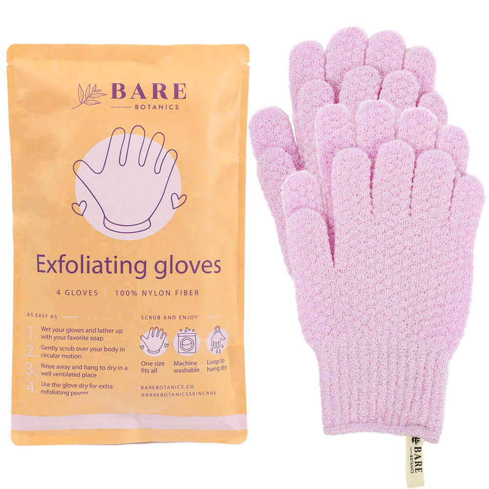 Bare Botanics guantes exfoliantes lavanda para ducha, exfoliación profunda y piel suave.