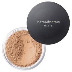 bareMinerals base mineral suelta mate SPF 15, frasco visible, acabado suave.