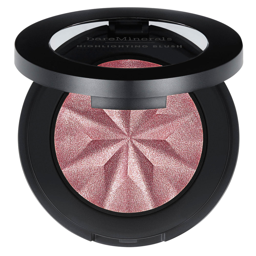 bareMinerals Gen Nude Iluminador Rubor Mauve Glow en compacto, resaltando pómulos con brillo suave.
