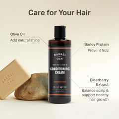 Barrel & Oak acondicionador sin enjuague, textura crema, cabello más suave y manejable.