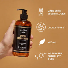 Barrel & Oak aroma de sándalo y ámbar con notas marinas para ducha refrescante.