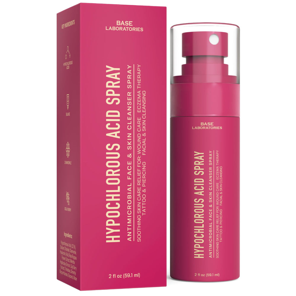BASE LABORATORIES spray hipocloroso para rostro, limpieza rápida en viaje.