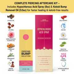 Base Labs gotas aceite bulto piercing queloide, aplicación rápida y precisa.