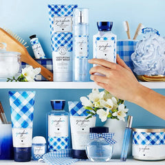Bath and Body Works Gingham, notas de fragancia: freesia azul, durazno y clementina