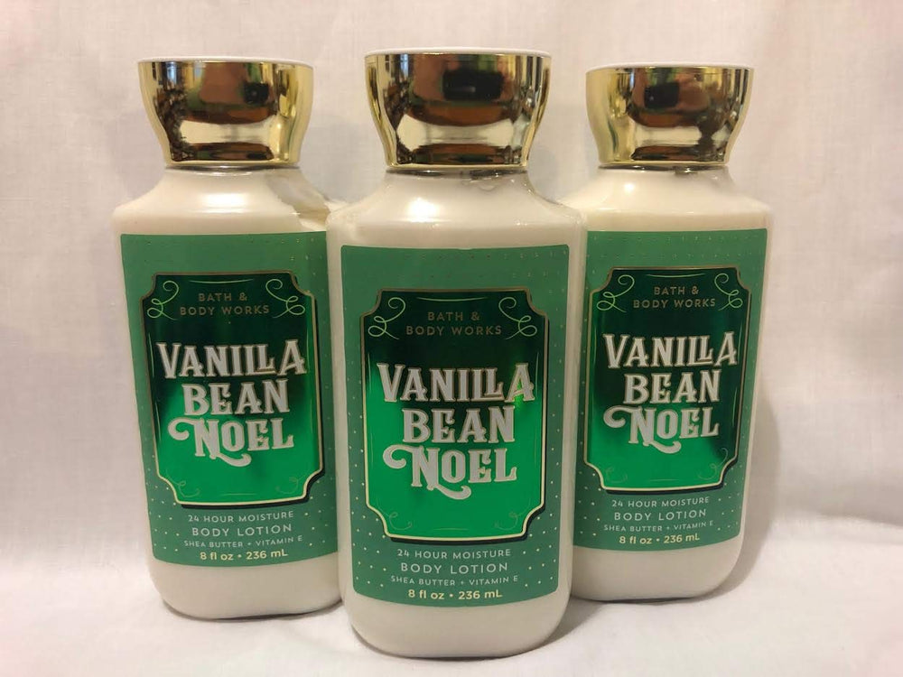 Bath & Body Works Vanilla Bean Noel: botella de loción con diseño estacional para piel suave.