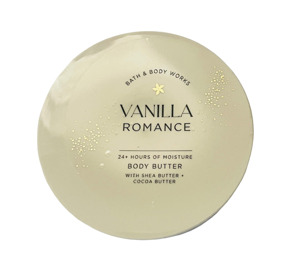 Bath & Body Works Vanilla Romance crema corporal batida en envase, hidratación duradera para la piel.
