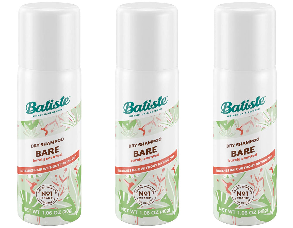 Batiste Dry Shampoo Bare Mini, lata con rociador, refresca entre lavados sin necesidad de agua.
