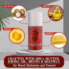 Foco en Biotina e ingredientes de Bazzle's Beard Softener para aspecto cuidado.