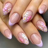BDKAIWU uñas postizas con flores, punta francesa corta, acabado elegante para diario.