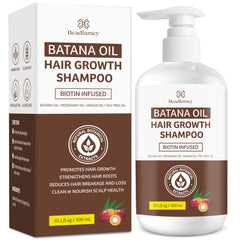 Beadlamey Root Activator Batana, botella derramando, uso diario para cuidado capilar.