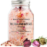 BEAUTE DE PROVENCE sal de baño Himalaya rosa con pétalos, promueve relajación suave en la piel.