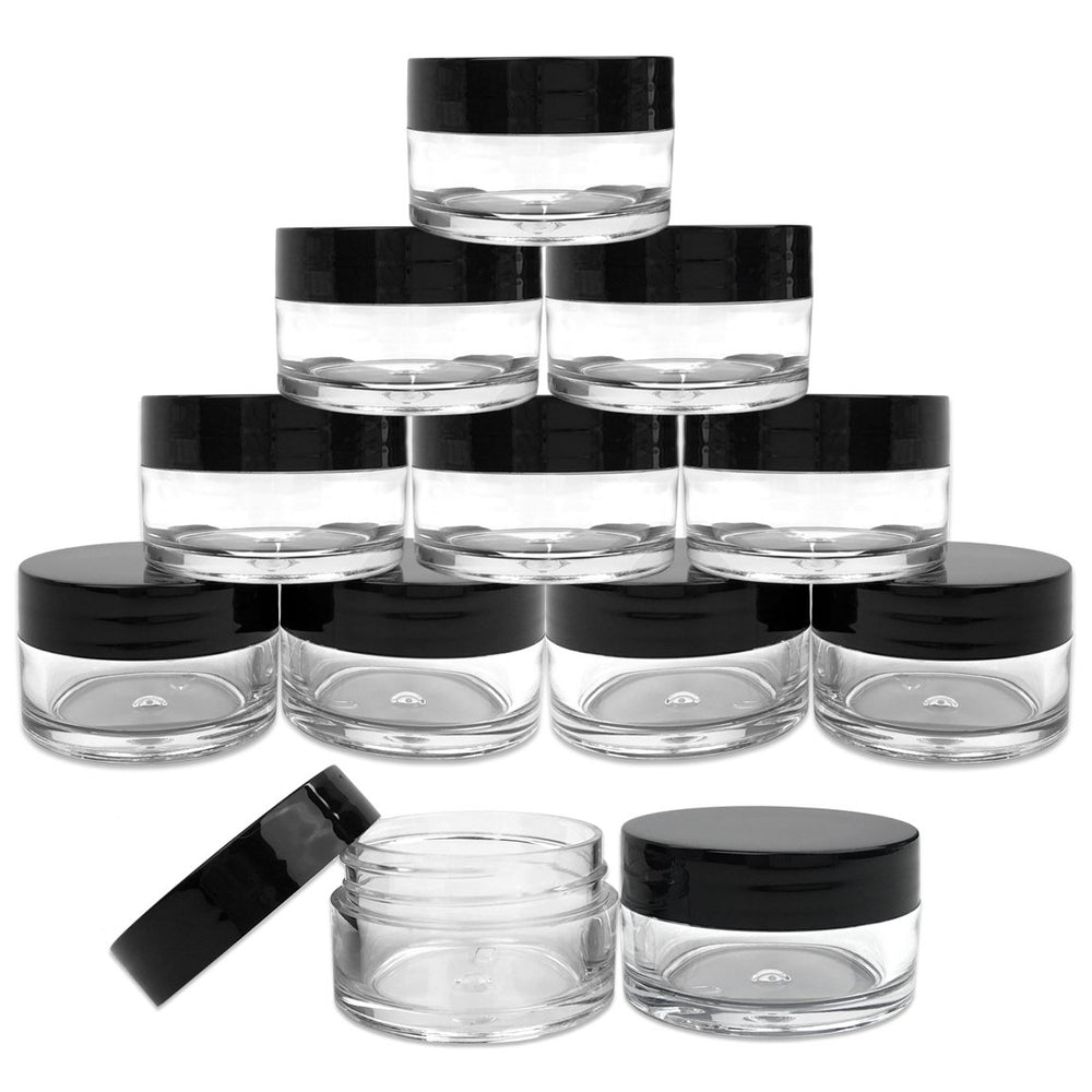 Frascos acrílicos transparentes Beauticom de 20 g con tapa negra plana para muestras cosméticas