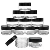 Frascos acrílicos transparentes Beauticom de 20 g con tapa negra plana para muestras cosméticas