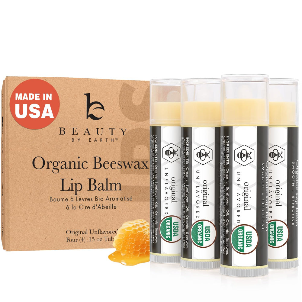 Beauty by Earth bálsamo labial, paquete de cuatro sin sabor para hidratación diaria.