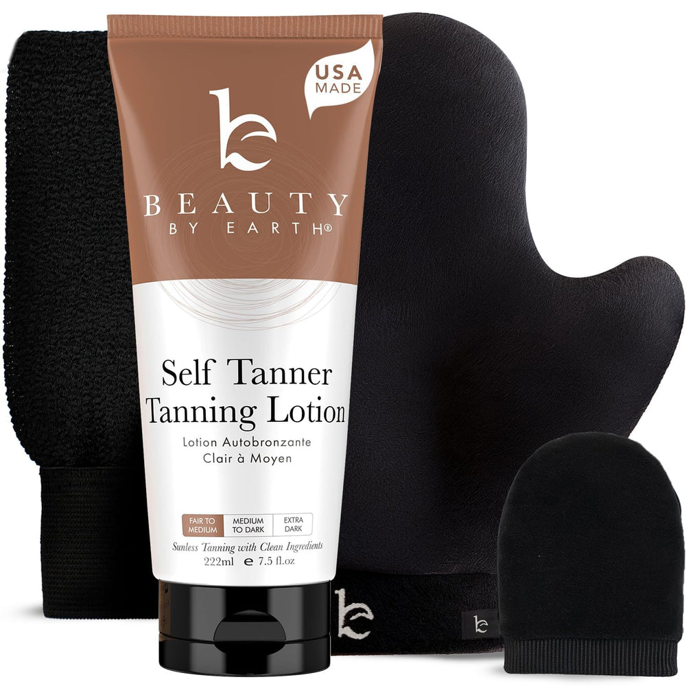 Beauty by Earth loción bronceadora en botella para un bronceado gradual y uniforme.