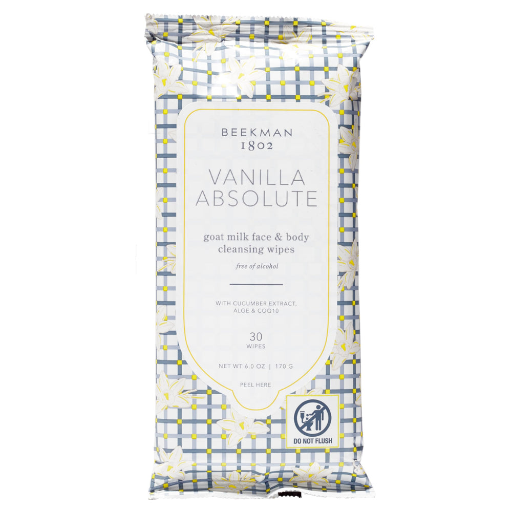 Beekman 1802: toallitas faciales y corporales Vanilla Absolute en empaque práctico.