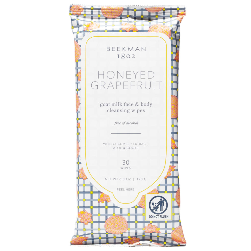 Beekman 1802 toallitas faciales pomelo miel, empaque visible, limpieza suave sin alcohol.