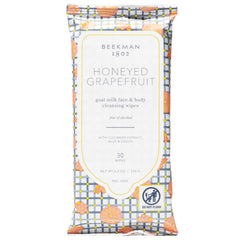 Beekman 1802 toallitas faciales pomelo miel, empaque visible, limpieza suave sin alcohol.