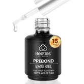 Beetles Base Gel, botella cercana, mejora adherencia uniforme para uñas.