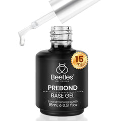 Beetles Base Gel, botella cercana, mejora adherencia uniforme para uñas.