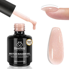 Beetles Builder Gel: botella visible, solución para construcción de uñas duraderas.