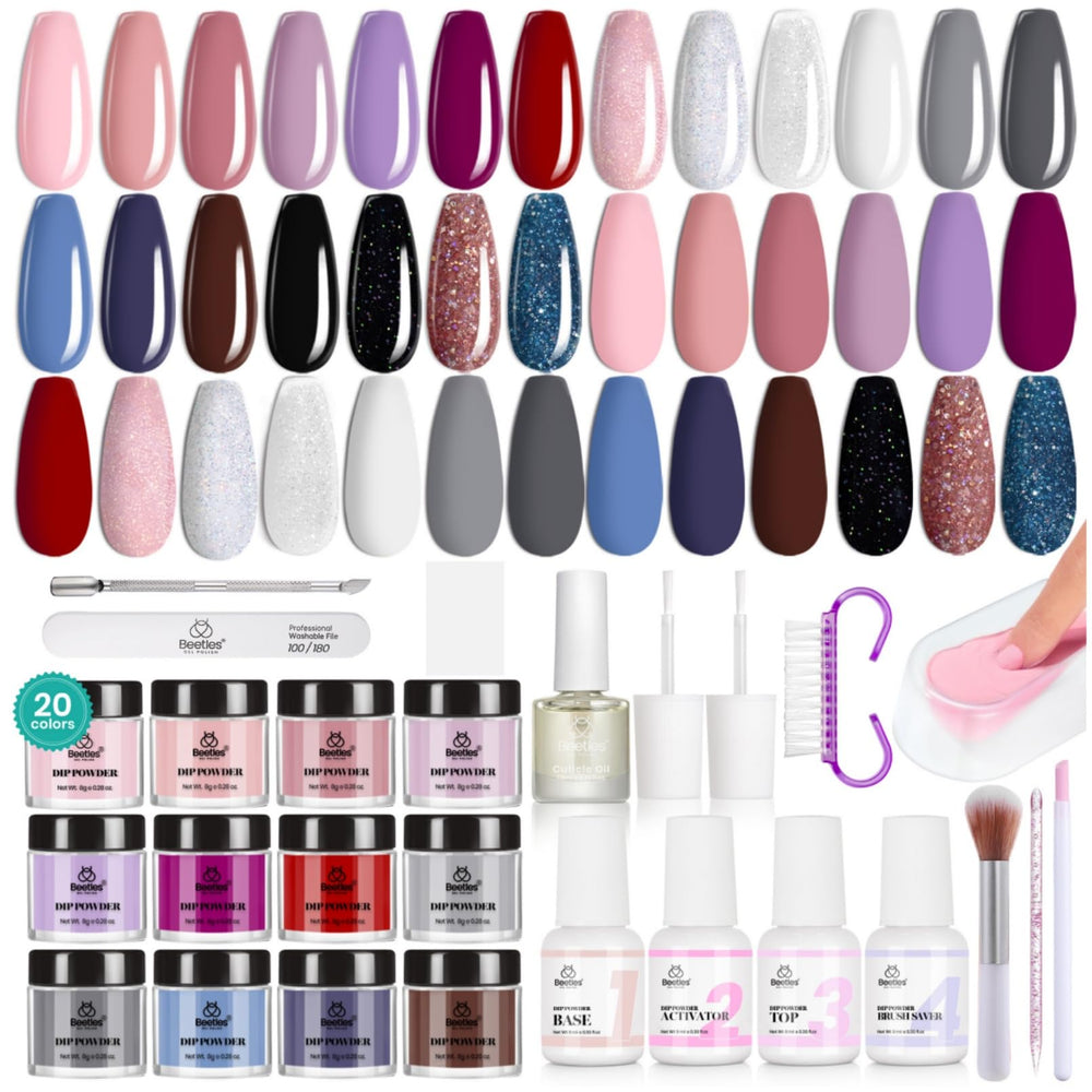 Beetles Dip Powder Kit Inicio: paleta de 20 colores con acabado brillante para uñas.