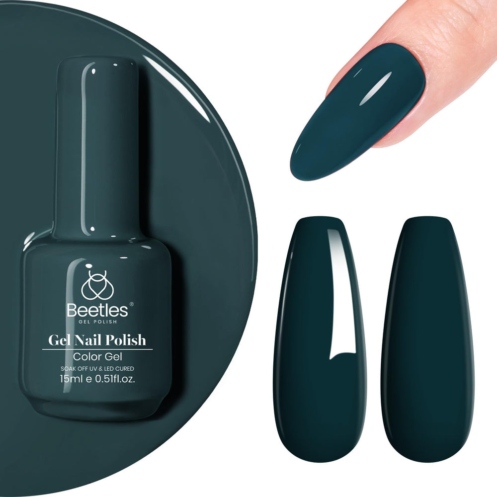 Beetles Esmalte Gel Azul Verdoso, bote cercano con tono profundo y brillo intenso