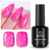 Beetles esmalte gel rosa vivo con brillo y efecto diamante.