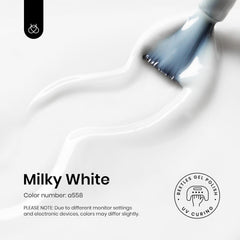 Beetles Milky White Gel Nail Polish, textura semitransparente para cobertura natural y brillo.