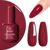 Beetles Esmalte Gel Rojo, botella cercana mostrando color intenso para uñas modernas