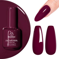 Beetles esmalte gel rojo oscuro 15 ml en uñas con brillo intenso y cobertura.