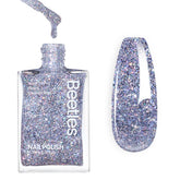 Beetles Gel Polish en botella con purpurina plata, brillo duradero para uñas.