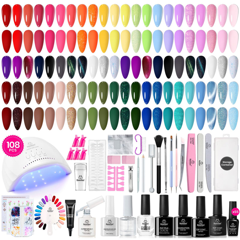 Beetles Gel Nail Polish Kit con luz UV para curado rápido y duradero.