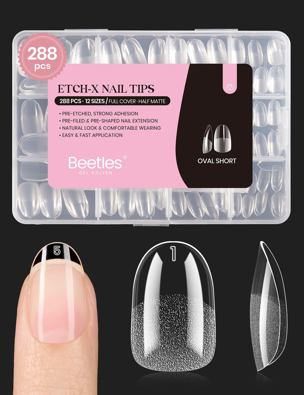 Beetles Gel Nail Tips corto oval, acabado semimate, ideal para manicuras duraderas.