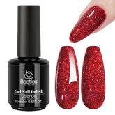Beetles Gel Polish rojo glitter, botella brilla con color intenso para uñas deslumbrantes.