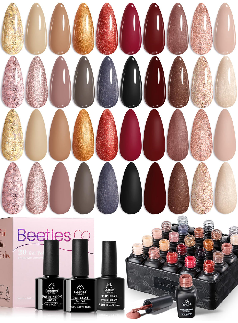 Beetles Gel Polish Set, paleta de 20 colores para looks diarios.