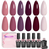 Beetles Gel Polish Set Purpura 6 Colores, ideal para uñas otoñales.